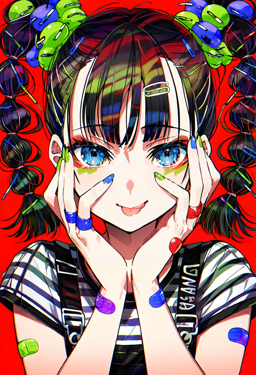 1girl, solo, bandaid, bangs, bandaid on arm, shirt, hands on own face, striped shirt, blue eyes, hair ornament, looking at viewer, braid, twin braids, hairclip, red background, blue nails, striped, bandaid on hand, twintails, smile, nail polish, hands on own cheeks, short sleeves, upper body, multicolored nails, tongue, closed mouth, green nails, tongue out, long hair, hands up, food, jewelry, black hair, makeup <lora:mikaXL_NBVP1_lokr_V6311PZ:0.95>