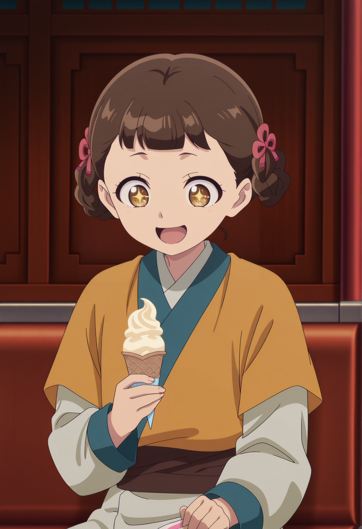 anime screenshot, anime coloring, 1girl, brown hair, yellow eyes, braided hair rings, hair ornament, kimono, sitting, holding ice cream, happy, smile, starry eyes, upper body, looking down, open mouth <lora:xiaolan_kushigoto:1>, masterpiece, best quality, amazing quality, very aesthetic, absurdres, highres, newest