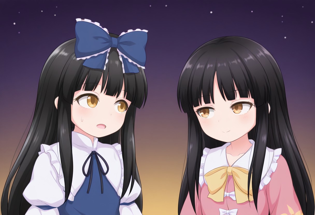 best quality,
multiple girls, 2girls, star sapphire, parody,
houraisan kaguya,
looking at another, white outlines,