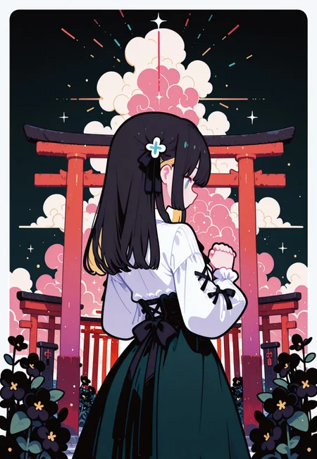 masterpiece, best quality,
(from behind, back shot),
pastel cyan eyes, blonde hair, multi colored hair, long hair, hair ornament, twintale, colored inner hair,
small breasts,
white shirt, frills, long sleeves, dark black green skirt, center frills,
frilled skirt, high-waist skirt, puffy long sleeves, black bow, collared shirt, puffy sleeves, laced sleeves ,
1girl, solo, upper body,
praying, many flowers in background,
simple gradient lapis lazuli background with thick white border,
layered thick symmetrical clouds,
((large japanese red torii gate in background)), (light particles, many shooting starts),
flat vector illustration, fl4t,