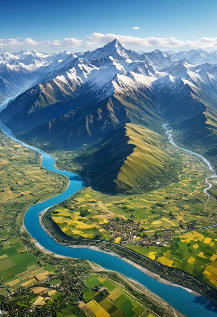 Majestic snow-capped mountain range with peaks of many different heights. Along side the range is a lush plain with farmland,and large river that irrigates the plain. aerial view,highly detailed,photorealistic,beautiful,