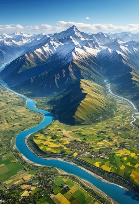 Majestic snow-capped mountain range with peaks of many different heights. Along side the range is a lush plain with farmland,and large river that irrigates the plain. aerial view,highly detailed,photorealistic,beautiful,