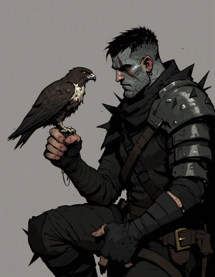 Ev Ganin style. This digital drawing depicts a dark, gritty fantasy scene. The subject is a muscular, gaunt figure with pale skin and sharp, angular features, wearing dark, rugged armor. His face is painted with tribal markings and he has short, spiky black hair. He is holding a raven in his hand, which is perched on his gloved fist. The raven's feathers are a mix of dark brown and black, with a stark white patch on its chest. <lora:Ev_Ganin:1.0>