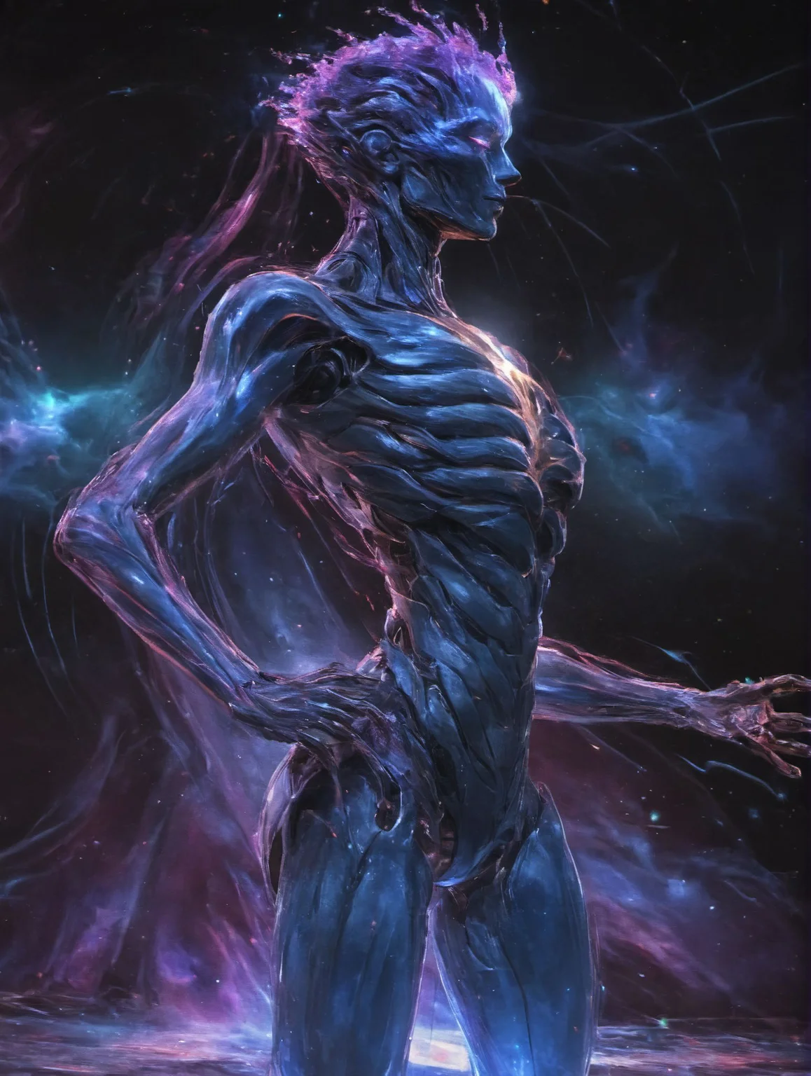 csmicvoid style,digital art, hologram, bigdata, high technology, sound wave, digital landscape, neural network, Humanoid, reflaction, masterpiece, 32k UHD resolusion, high quality, professional photography, closed up,<lora:add-detail-xl:1.0>, <lora:cosmicvoidxl-000003:1>