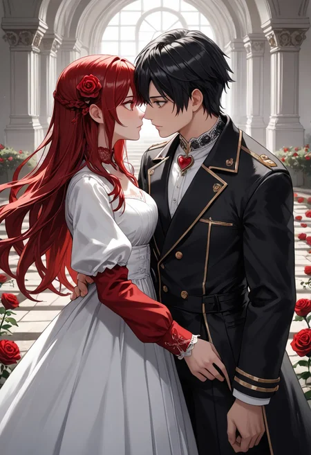 Masterpiece,best quality,highresolution,very aesthetic,anime style,detailed eyes,MythAn1m3,
female,dark_red hair,long hair,straight hair,medium breasts,
pleated dress with puffy Long sleeves,white dress,red sleeves,lace-trimmed collar,
male,black hair,long hair,long coat,black coat,
aerial view,
background ,rose garden,heart shaped garden paths,
1 female,1 male,standing in the middle of a labyrint rose garden,looking at each other,heart shaped roses,negative space, hearts in negative spaces,