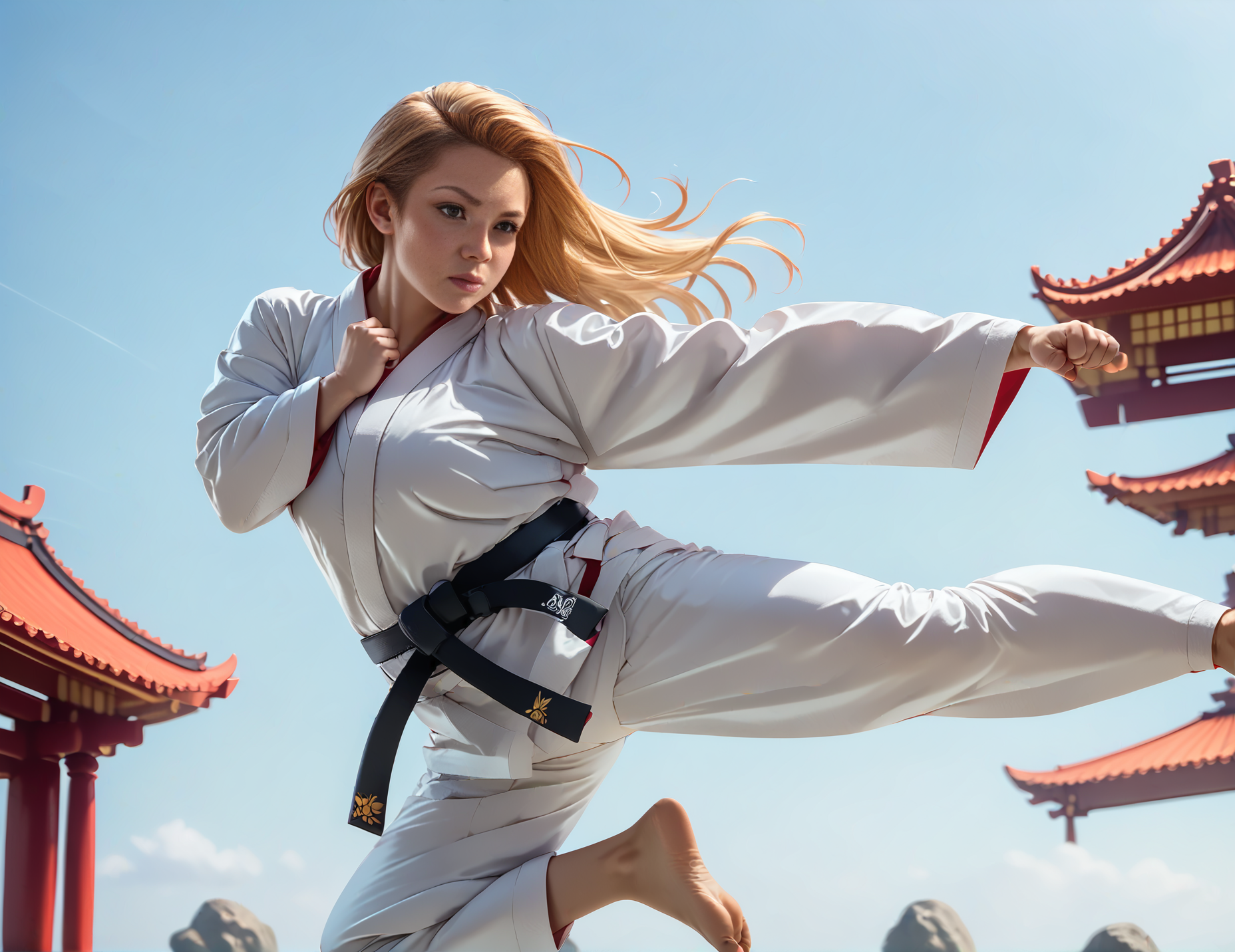 score_9, score_8_up, score_7_up, jusiki, side view, (slim 25yo female), doing a high jump sidekick, in front of pagoda. karate uniform and black belt,long blonde straight hair <lora:JumpedSideKickPony-000007:1>