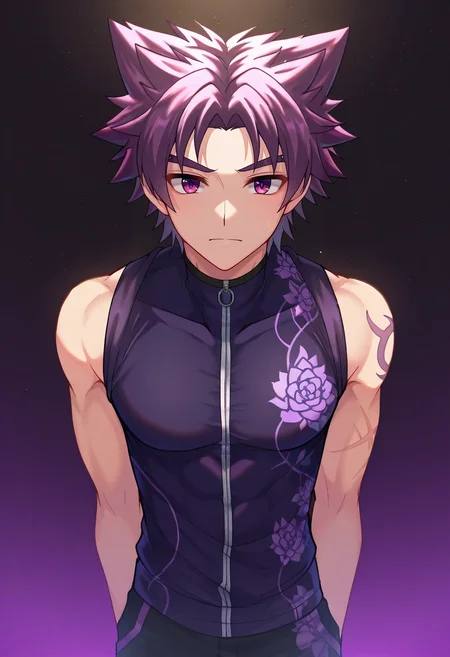 masterpiece, best quality, intricate details, , , , 1boy, solo, male focus, <lora:yoichi_yukimura_ilxl:1>, yoichi_yukimura, purple hair, purple eyes, short hair, spiked hair, , ,