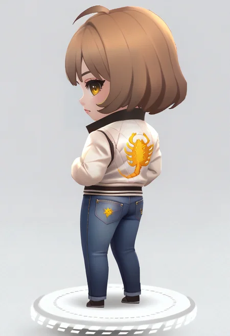 score_9, score_8_up, score_7_up, source_anime BREAK <lora:drivejacket-outfit-richy-v1_pdxl:1> print jacket, white jacket, from side, jeans, 1girl, solo, standing, <lora:anis-nikke-richy-v1_pdxl:0.8> brown hir, short hair, yellow eyes, looking at viewer, looking back, <lora:chibi-nikke-richy-v1_pdxl:0.8> chibi, full body