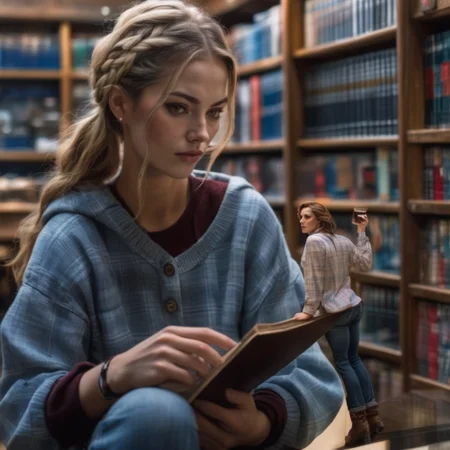(best quality), (masterpiece), ultra-detailed, illustration, a scene involving one tiny (miniature,shrunken) woman, looking at viewer, 30 year old, long brown braided hair, (red tight button down sleeveless plaid shirt), (blue ripped jean pants), (tattoos), (piercings), brown leather boots, standing inside coffee shop, looking up at counter, busy shop, baristas, chairs, tables, shelves of merchandise, dynamic light, dynamic pose, dynamic light, tall long faux hawk hair, Scottish-German face, 8k uhd, dslr, soft lighting, high quality, film grain, Fujifilm XT3, sharp focus, F/8.0, (long shot:1.2), <lora:shrunken:0.6>