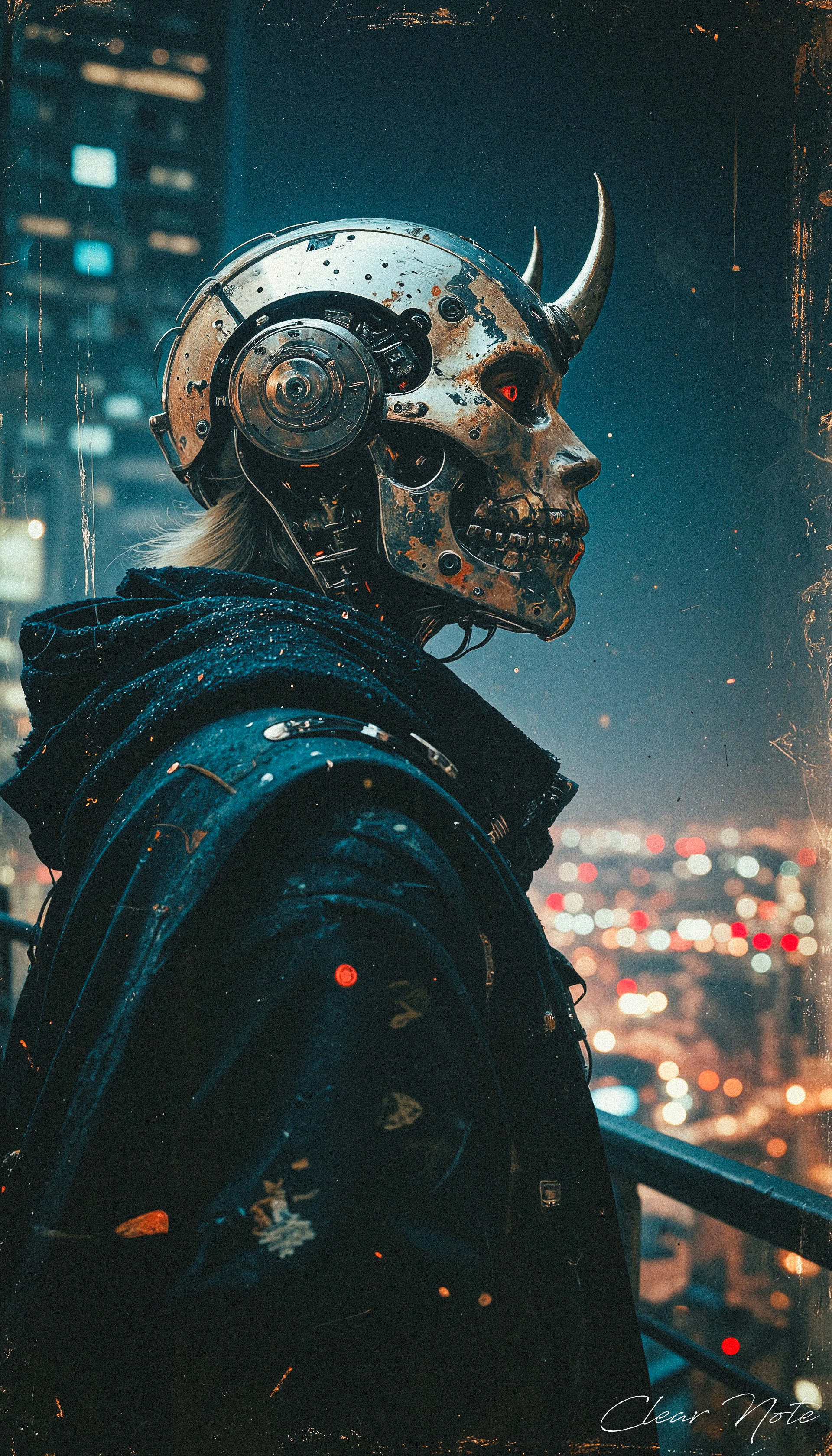 A cybernetic Japanese oni stands atop a rooftop, overlooking the neon-drenched cityscape, its metallic form glowing faintly amidst the pulsing urban lights.