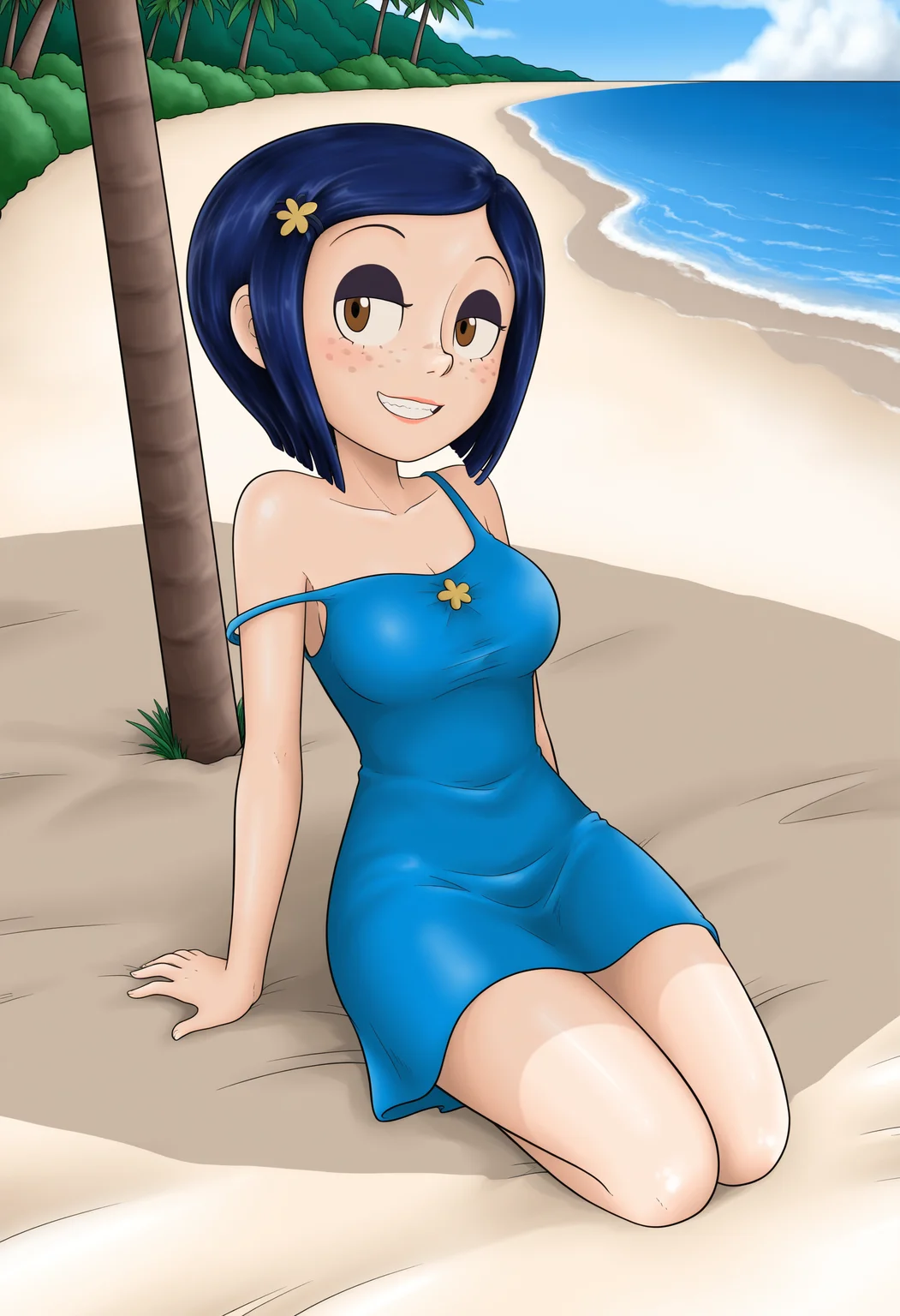 masterpiece, best quality, absurdes, 1girl, solo, full body,
(source_cartoon),
<lora:Coraline - Garabatoz Style (Illust):0.8>
Coraline_Garabatoz, freckles, brown eyes, short hair, hair ornament, grin, teeth, blush,
summer dress, blue dress, off shoulder, medium breasts, sitting, knees together,  arm support, 
outdoors, ocean, beach, water, trees, shade,
<lora:Detailer_NoobAI_Incrs_v1:0.4> detailed,
