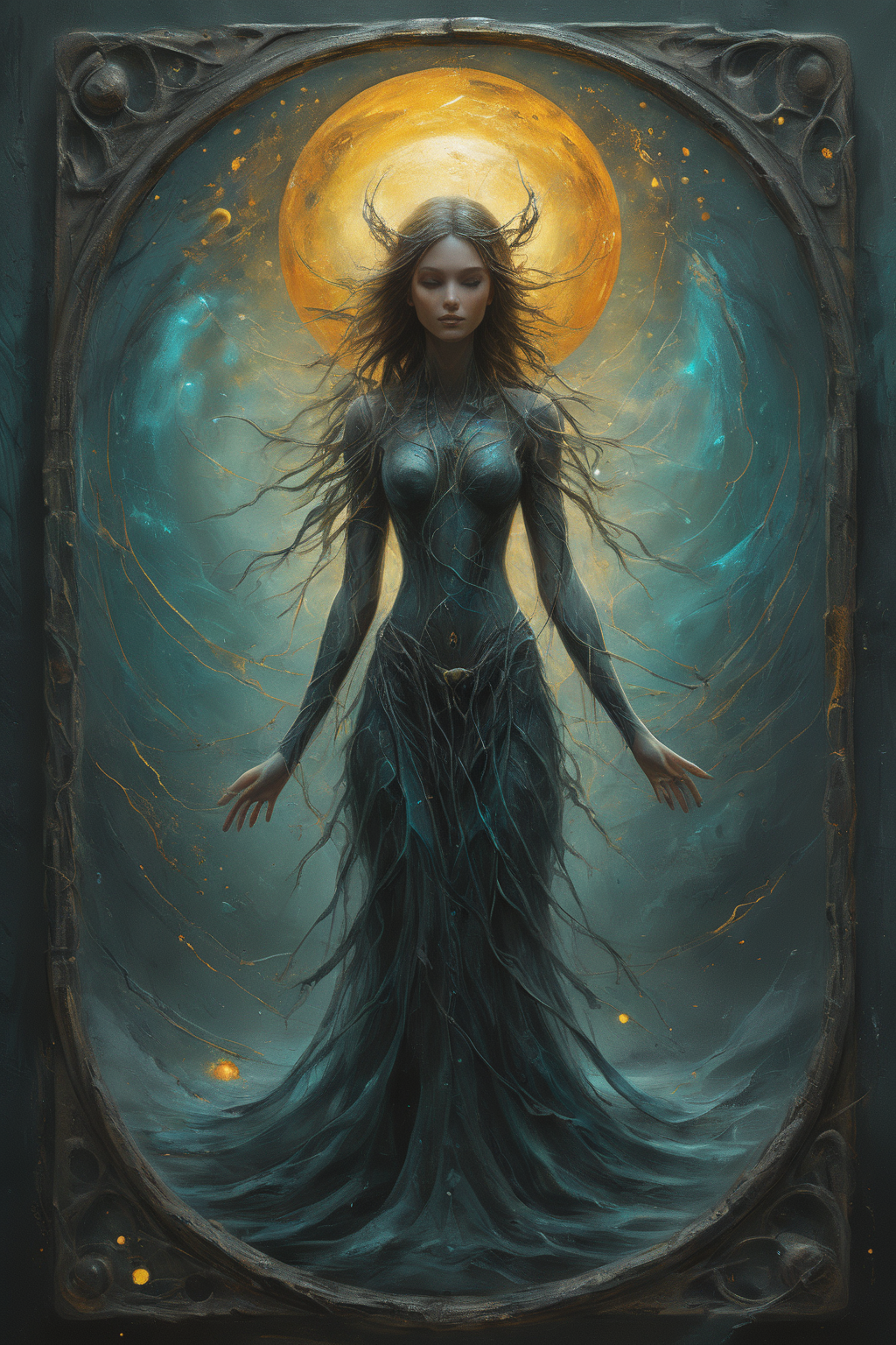 <lora:artfullyENGRAVED_SDXL_V1:0.25>,masterpiece,intricately detailed,high resolution,best quality,absurd resolution,mastercrafted,Mock ui,occult themed,oracle customized deck creator,3 PERSONAS,colorful storytelling,dark cyan and amber,detailed atmospheric portraits,detailed character design,dreamlike illustration,flowing textures,in the style of realistic and hyper-detailed renderings,mysterious beauty,in the style of realistic fantasy artwork,in the style of dreamlike illustration,in the style of hyper-detailed illustrations,three tarot cards are standing amongst a dark landscape,granite,ivory,obsidian,stained glass,transluscent,masterpiece,brilliant color story,illusionism,futuristic geometric abstractionism,in the style of hyperrealism,organic,male oracle,<lora:artfullymaleform_sdxl_v1:0.45>,<lora:ARTFULLYORACLESDXL-V1:0.5>,<lora:artfullydrow__sdxl_v1:0.2>,<lora:artfullyDRUID_sdxl_v1:0.6>,