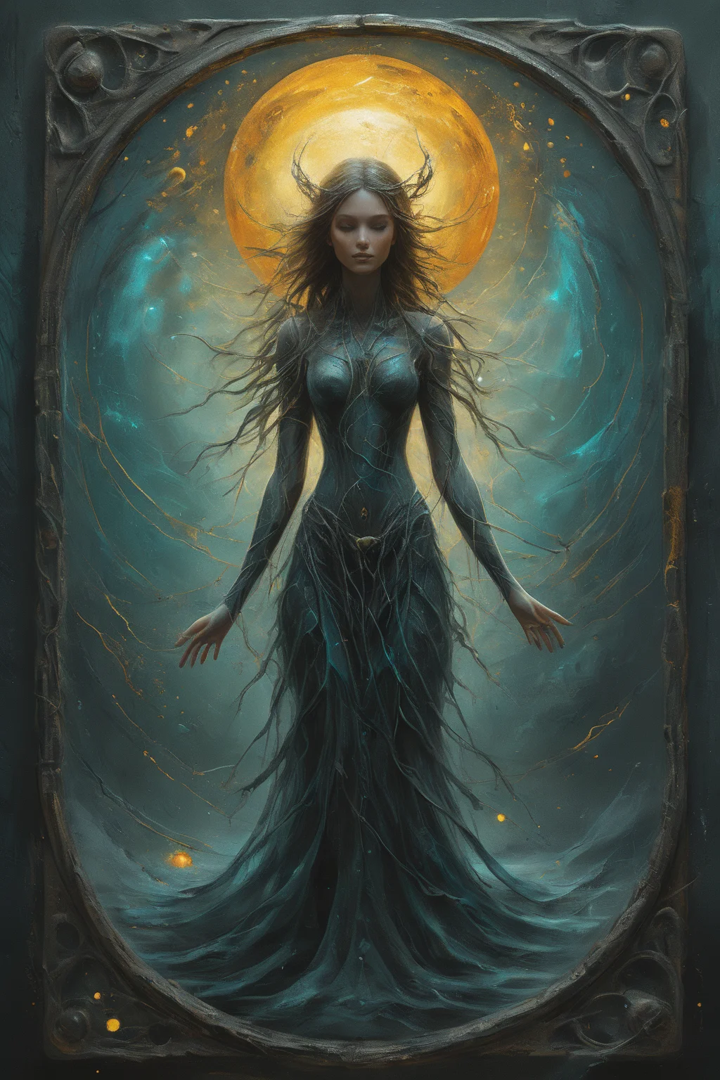 <lora:artfullyENGRAVED_SDXL_V1:0.25>,masterpiece,intricately detailed,high resolution,best quality,absurd resolution,mastercrafted,Mock ui,occult themed,oracle customized deck creator,3 PERSONAS,colorful storytelling,dark cyan and amber,detailed atmospheric portraits,detailed character design,dreamlike illustration,flowing textures,in the style of realistic and hyper-detailed renderings,mysterious beauty,in the style of realistic fantasy artwork,in the style of dreamlike illustration,in the style of hyper-detailed illustrations,three tarot cards are standing amongst a dark landscape,granite,ivory,obsidian,stained glass,transluscent,masterpiece,brilliant color story,illusionism,futuristic geometric abstractionism,in the style of hyperrealism,organic,male oracle,<lora:artfullymaleform_sdxl_v1:0.45>,<lora:ARTFULLYORACLESDXL-V1:0.5>,<lora:artfullydrow__sdxl_v1:0.2>,<lora:artfullyDRUID_sdxl_v1:0.6>,