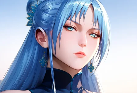 Bai Liner, Bai dress, blue hair, hair ornament, hair bun, jewelry, Expressiveh, perfecteyes, hyper detailed, hyper realistic, score_9, score_8_up, score_7_up, 8k, best quality, high quality, natural lighting, intricate, soft warm lighting, realistic, hyper realistic, Ultra HD quality ,
bedroom, standing, posing, from below, close-up,