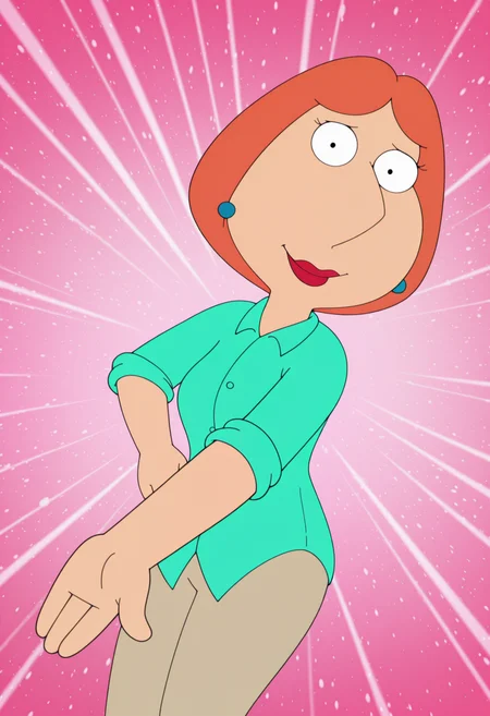 masterpiece, best quality, amazing quality, lo1sgf, 1girl, orange hair, blue earrings, aqua shirt, beige pants, pointing down, outstretched arm, smile, looking at viewer, pink background, colorful ribbons falling, (colorful sparkles background:0.8),