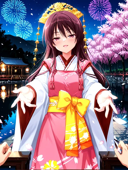 <lora:il-unohana-sakuya-KAMI:0.9>,il-unohana-sakuya,1girl,ukami outfit,solo,very long hair,wearing a pure white furisode kimono with long flowing sleeves and a floor-length hem,layered with red and pink fabrics,a pink upper long apron integrated into the outfit,shrine maiden ceremonial outfit,golden headdress,yellow bow on waist,elegant white gown with a trailing hem,a ceremonial deep red pleated inner garment trailing beneath the outer white kimono,
<lora:hanabitaikai:0.7>,hanabitaikai,aerial fireworks,colorful,cowboy_shot,solo focus,
fireworks,night,sky,sakura tree,river,reflection,floating sakura petals,
looking at viewer,blush,half-closed eyes,seductive smile,open mouth,reaching towards viewer,
masterpiece,best quality,newest,absurdres,highres,detailed eyes,beautiful,detailed background,perfect eyes,anime coloring,anime screencap,
<lora:add-detail-xl:1>,<lora:ponyv4_noob1_2_adamW-000017:0.8>,wear clothes,