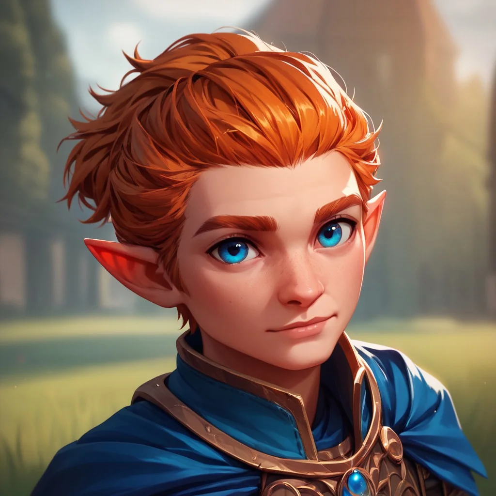 (((beautiful, high quality))), upper Body, score_9, score_8_up, score_7_up,
halfling, short stature, pointed ears, big eyes,
1male, blue eyes, ginger hair, armor, blue cape,
looking at the viewer, posing, blurred background, blurred fantasy background,