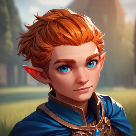 (((beautiful, high quality))), upper Body, score_9, score_8_up, score_7_up,
halfling, short stature, pointed ears, big eyes,
1male, blue eyes, ginger hair, armor, blue cape,
looking at the viewer, posing, blurred background, blurred fantasy background,