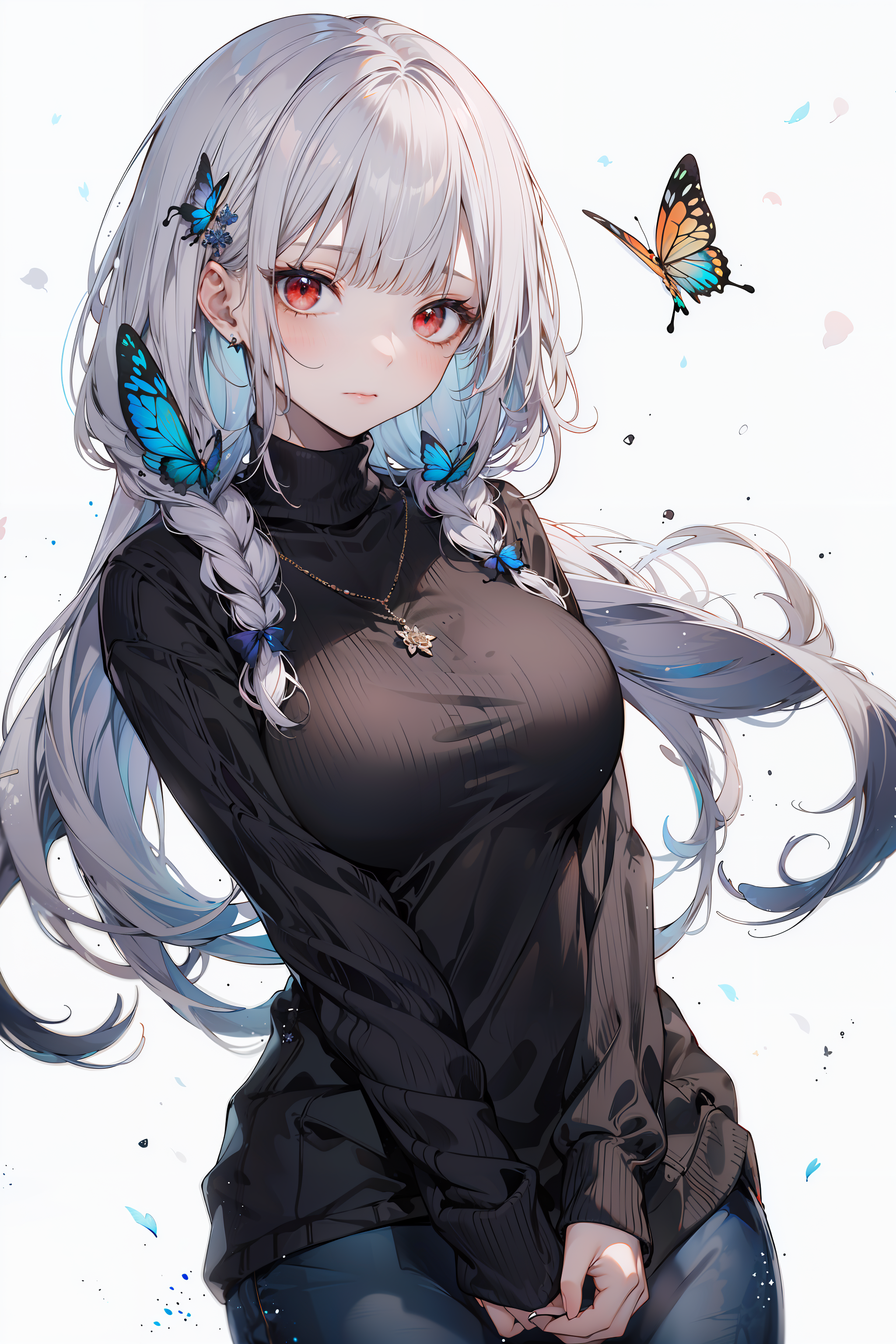 masterpiece,best quality,1girl,sweater,cowboy shot,hair ornament,black sweater,bangs,long hair,jewelry,white hair,multicolored hair,necklace,hairclip,braid,butterfly,blue hair,flower,blunt bangs,bug,closed mouth,turtleneck,looking at viewer,ribbed sweater,simple background,breasts,white background,red eyes,turtleneck sweater,<lora:hitokomorustyle:1>,