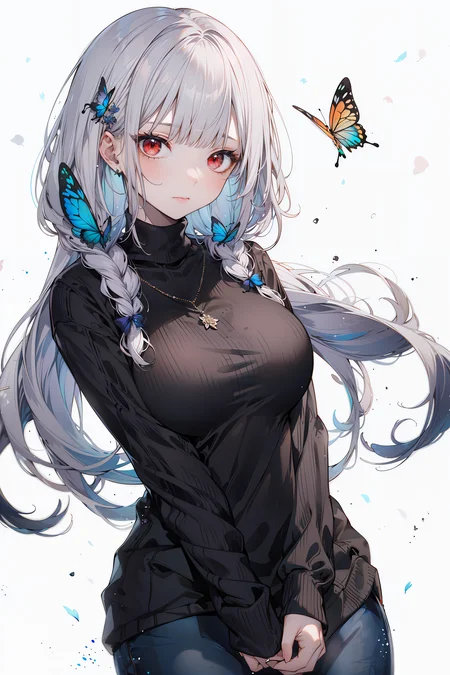 masterpiece,best quality,1girl,sweater,cowboy shot,hair ornament,black sweater,bangs,long hair,jewelry,white hair,multicolored hair,necklace,hairclip,braid,butterfly,blue hair,flower,blunt bangs,bug,closed mouth,turtleneck,looking at viewer,ribbed sweater,simple background,breasts,white background,red eyes,turtleneck sweater,<lora:hitokomorustyle:1>,