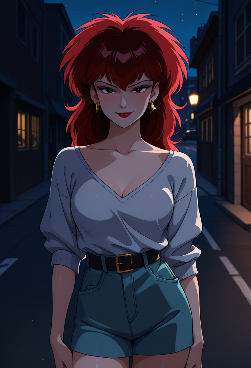 masterpiece, high quality, d3m0n4, 1girl, solo, human, red hair, long hair, black eyes, lipstick, earrings, looking at viewer, dark, night, street, bedroom eyes, seductive smile, casual clothes, 80s fashion, cowboy shot,