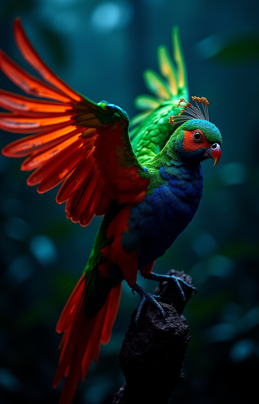 vantablack, colorful neon parrot-peacock, playful, naughty, spread wing, backlight, ruffled feathers, dawn, dew, jungle rave, rain, windy storm   <lora:- Flux1 - vanta_black_V2.0:.8>