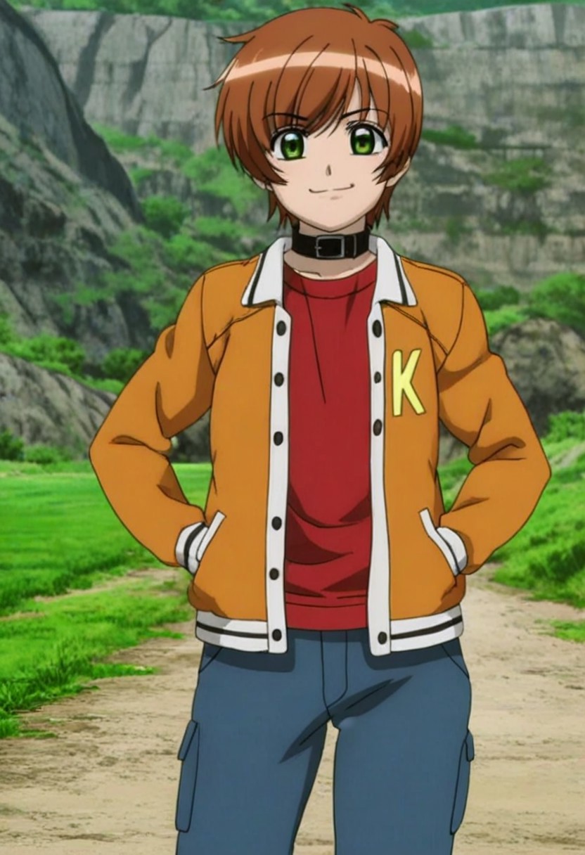 High quality, high definition, very clear, perfect eyes, perfect anatomy, anime, anime screencap, anime coloring, anime official art, 1male only, 1boy only, male focus, solo male, handsome, very attractive male, sexy, cute, charming, front view, front shot, facing viewer, looking at viewer, cowboy shot, head to hips shot, Keita Kawahira, brown-orange hair, green eyes, neck collar, orange open jacket, yellow "K" logo on jacket, red undershirt, blue baggy pants, cowboy shot, head to hips shot, happy, determined, smile, Japanese riverside, riverbank, grass