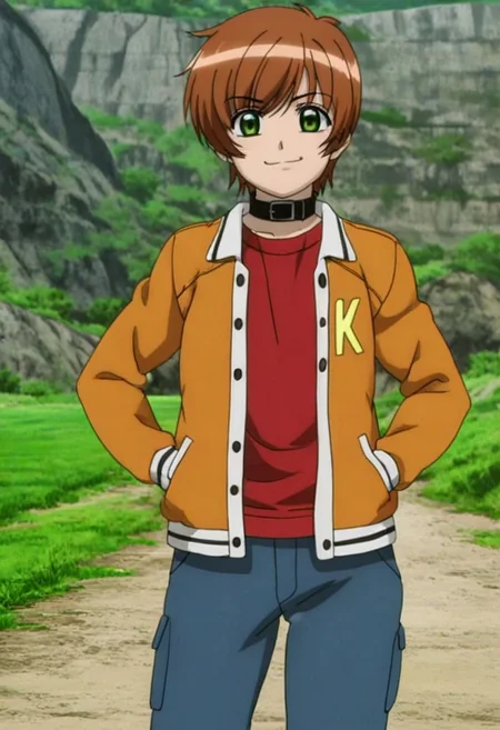 High quality, high definition, very clear, perfect eyes, perfect anatomy, anime, anime screencap, anime coloring, anime official art, 1male only, 1boy only, male focus, solo male, handsome, very attractive male, sexy, cute, charming, front view, front shot, facing viewer, looking at viewer, cowboy shot, head to hips shot, Keita Kawahira, brown-orange hair, green eyes, neck collar, orange open jacket, yellow "K" logo on jacket, red undershirt, blue baggy pants, cowboy shot, head to hips shot, happy, determined, smile, Japanese riverside, riverbank, grass