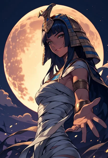 score_9, score_8_up, score_7_up,source_anime,anime,
1girl,solo, ,long straight hair,perfecteyes,eyebrows,
mummy wraps, brown skin, pharaoh headdress,
kind expresion, eyes loking at viewer, slight closed smile, pharoh, 1glowing ankh,
reaching out to pov, side angle, side view, side pose,
leaning down,
,dark background, cowboy body shot, sheer field of reeds,
(dust:0,5),dust motes, light motes,, league of legends,glowing moon,obelisk,