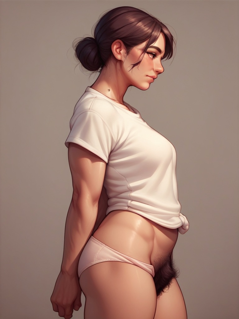 score_9, score_8_up, score_7_up, score_6_up, score_5_up, score_4_up,  side view, girl, standing posing, shirt top, panties, pubes, pubic hair,  <lora:Fluffy_pubes:1> ,