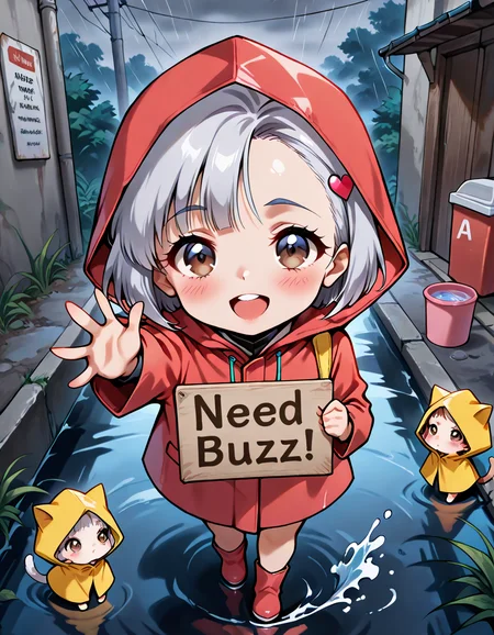 Score_9,Score_8_up,Score_7_up,bust,masterpiece,best quality,amazing quality,ultra detailed,very aesthetic,absurdres,<lora:selma_IL_V1:1>,selma,silver hair,brown eyes,selma,brown eyes,silver hair,blush,heart hair ornament,short hair,(reaching:1.6),smile,open mouth,raincoat,teeth,uniform,
sewer,concrete,grass,sidewalk,<lora:need_buzz_sign:1>,holding sign,(need_buzz:1.2),rain,looking_at_viewer,chibi,kitten,trash can,hood,walking,(splashing water:0.9),walking_on_liquid,(a sign that says buzz!:1.4),waving,water drops,put on the hood,ð,