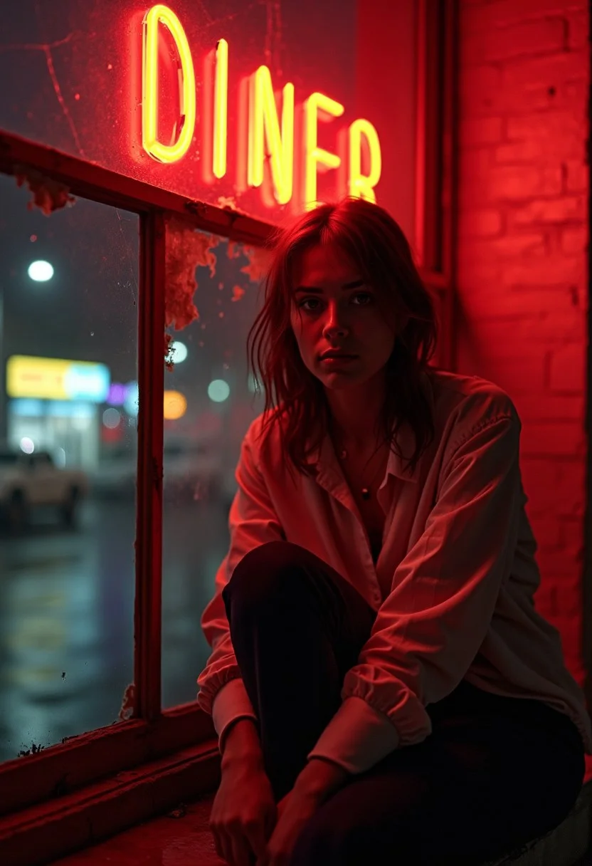 A sleep-deprived young woman (23-24) with disheveled brown hair sits on the cracked windowsill of an abandoned hallway, her wrinkled office shirt soaked in the pulsating red glow of a neon "DINER" sign across the street. She stares directly at the viewer with hollow eyes, her face half-lit by the violent crimson light, half-swallowed by the darkness of the derelict corridor. The shattered window behind her frames a 3 AM cityscape—overflowing garbage bags, the toxic fluorescence of an all-night bodega, and the distant specter of Manhattan's skyline dissolving into rainclouds. The floorboards creak with unseen weight; the only furniture is the skeletal remains of a coatrack toppled near the peeling walls.
The photo sears with contrast: the neon's electric red bleeds onto her collarbones and hands like liquid light, while the rest of the hallway drowns in inky blackness. Shot on expired 35mm film with a malfunctioning flash, the image burns at the edges—overexposed highlights clawing at the negative space where the ceiling should be. Rain lashes the broken windowpanes, the droplets frozen mid-fall by the camera's shuddering shutter speed.Film grain resembling Ilford HP5 pushed to 1600 ISO"