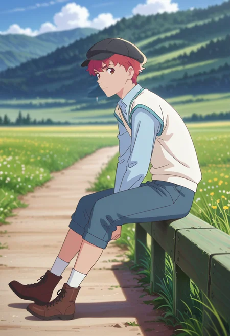 masterpiece, best quality, very aesthetic, high resolution, ultra-detailed, absurdres, newest, scenery, depth of field, anime coloring , , , 1boy, solo, male focus, <lora:gilbert_blythe:0.98> , gilbert blythe, red hair, reddish brown eyes, short hair, bangs, sweater vest, collared shirt, capri pants, blue pants, calf socks, white sock, boots, hat, black headwear, full body ,looking at viewer