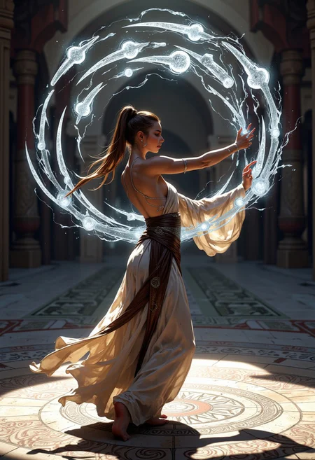"A Turkish sword dancer, with brown hair tied in a ponytail, stands gracefully as a large curved sword begins to form in her hands. Part of the sword is already solid, while other pieces float in the air around her, glowing with magical grey energy as they drift into place to complete the weapon. The dancer's pose is poised and fluid, her movements blending with the magical assembly of the sword. She wears traditional, flowing garments, her eyes focused and determined. The background is an open, sunlit space with intricate patterns on the floor, complementing the mystical atmosphere as the sword nears completion."