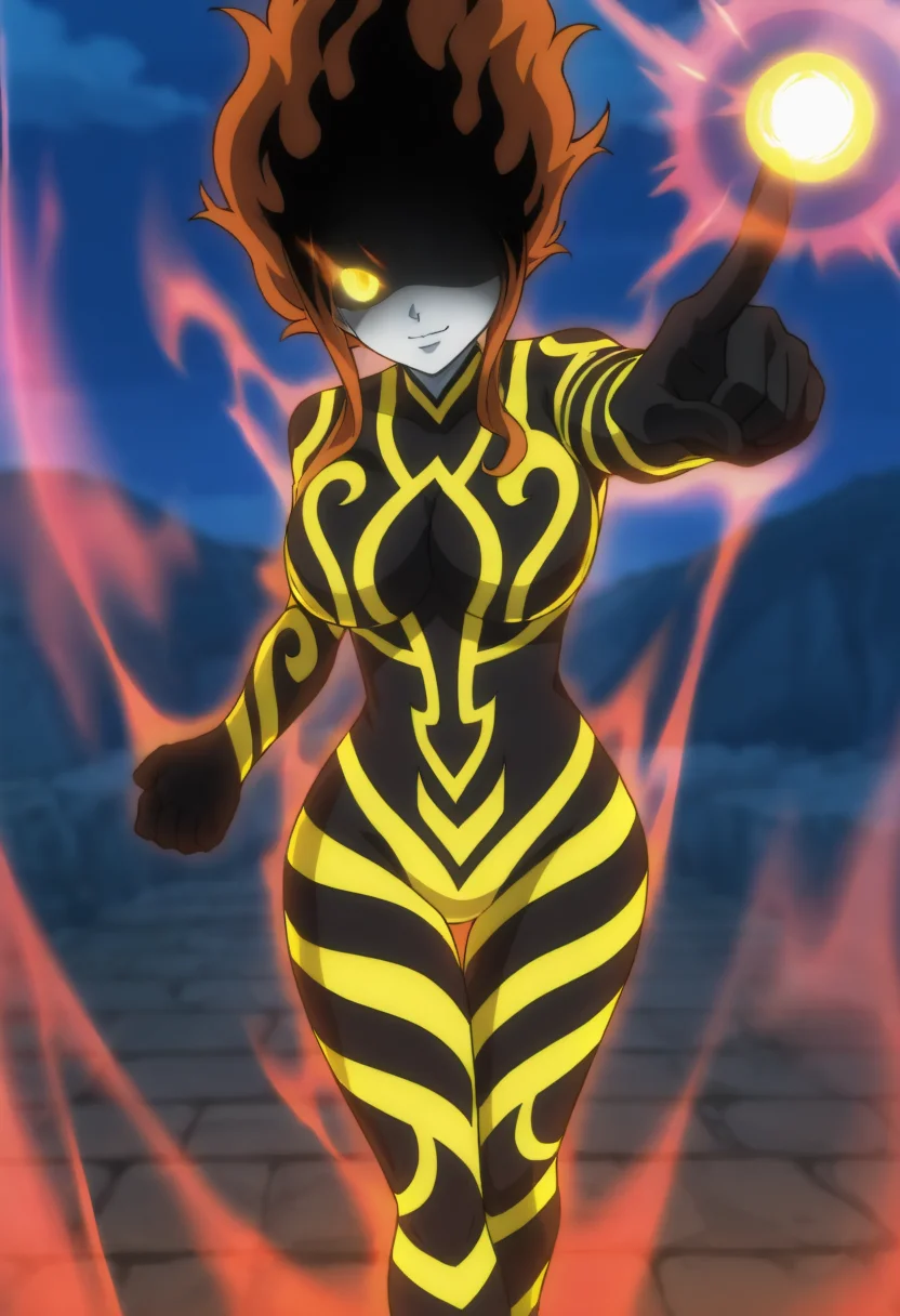 masterpiece, best quality, newest, absurdres, highres, dark, outdoors, night, closed mouth, anime screenshot, anime coloring, fairy tail, 1girl, solo, dimariags, floating hair, glowing hair, long hair, colored skin, black skin, one eye, no pupils, colored sclera, red aura, red neon trim, glowing eye, evil smile, pointing at viewer, energy ball, pyrokinesis, <lora:god_soul:1>