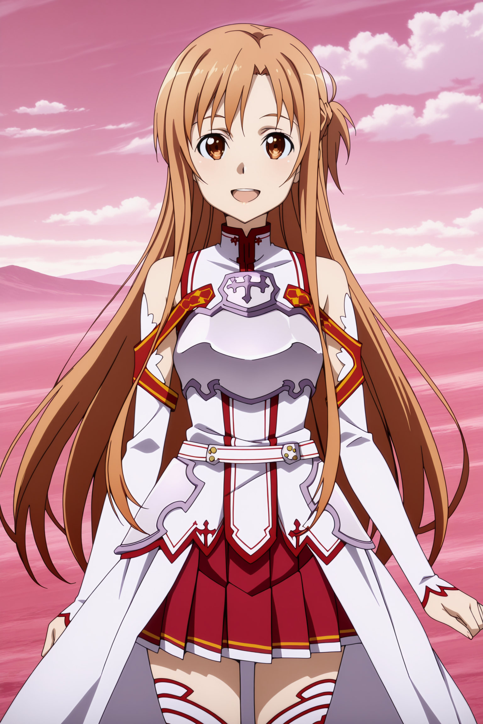 anime,anime screencap, anime coloring, 
outside, epic landscape,
<lora:Asuna_Yuuki_Suguha_Kirigaya_and_Kirito_Kazuto_Kirigaya_Sword_Art_Online_-_Illustrious_V2:.9>
Asuna Yuuki (character), (Asuna Knights of the Blood uniform), 1girl, asuna (sao), long hair, brown hair, solo, thighhighs, brown eyes, skirt, breastplate, open mouth, looking at viewer, detached sleeves, smile, armor, pleated skirt, :D, bare shoulders, red skirt, facing the viewer