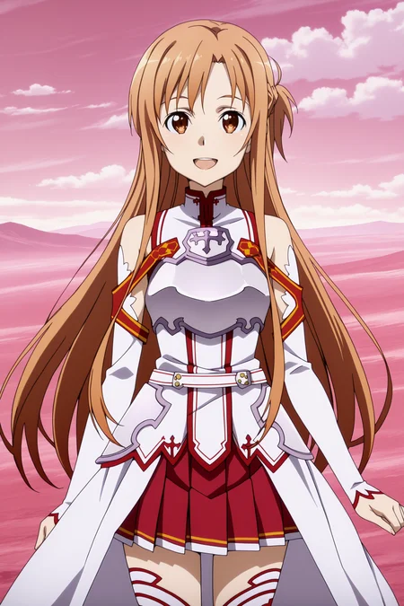 anime,anime screencap, anime coloring, 
outside, epic landscape,
<lora:Asuna_Yuuki_Suguha_Kirigaya_and_Kirito_Kazuto_Kirigaya_Sword_Art_Online_-_Illustrious_V2:.9>
Asuna Yuuki (character), (Asuna Knights of the Blood uniform), 1girl, asuna (sao), long hair, brown hair, solo, thighhighs, brown eyes, skirt, breastplate, open mouth, looking at viewer, detached sleeves, smile, armor, pleated skirt, :D, bare shoulders, red skirt, facing the viewer