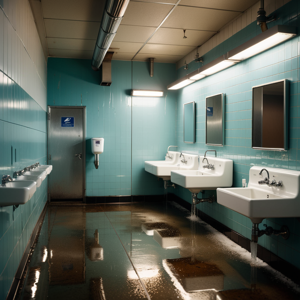 The interior of a public restroom with a utilitarian and slightly neglected design. The walls are covered in plain, slightly stained white tiles, some of which are cracked or chipped. The floor consists of large, dull gray tiles with faint scuff marks and small puddles of water near the sinks. On one side of the room, a row of metal bathroom stalls with scratched doors and faded paint lines the wall. On the opposite wall, a series of wall-mounted urinals made of white ceramic are spaced evenly, each with a metallic flush handle above. Some urinals have faint stains and water streaks, with one having a small puddle beneath it. A row of sinks with old, slightly rusted faucets sits beneath a large, streaked mirror that has smudges and water spots. Above, fluorescent tube lights buzz faintly, casting a cold, sterile glow over the space. A faint smell of cleaning chemicals lingers in the air, mixed with the dampness of the room. A hand dryer is mounted on the wall near the entrance, and a trash bin overflowing with crumpled paper towels stands nearby. The atmosphere feels functional but slightly neglected, emphasizing its everyday use.
<lora:SDXLFaeTastic2400:0.4> <lora:extremely_detailed:0.4> extremely detailed, Masterpiece,best quality,hi res,8k,hi res,8k,award winning,(sharp focus, intricate, highly detailed),