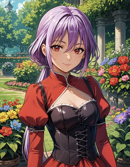 score_9, score_8_up, source_anime, 1girl, upper body, medium shot, detailed, pmmmamanosuzune, purple hair, low ponytail, mole under eye, red eyes, red dress, juliet sleeves, outdoors, garden, flowers, light smile, black corset, <lora:pmmmamanosuzune_XL:0.85>