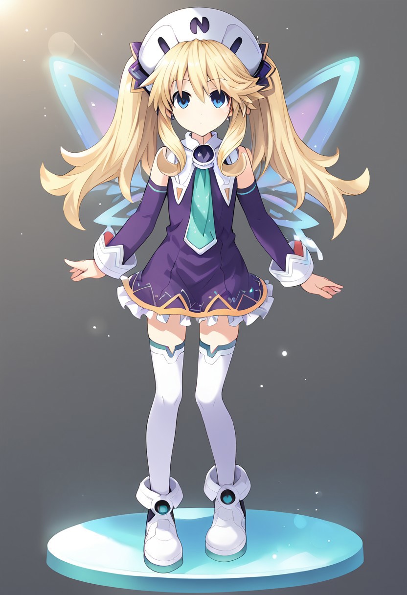 Histoire \(neptunia)\, blonde hair, blue eyes, long hair, twintails,, short dress, hat, necktie, thighhighs, white legwear, fairy wings, footwear, boots, detached sleeves,, short,   standing,   score_9, score_8_up, score_7_up, ,source_anime, best quality, masterpiece,   , full body view ,  1girl , solo , girl focus ,