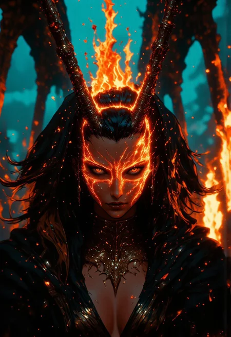 A striking and cinematic close-up shot of a woman with a burning, fiery head, detailed portrait, her face obscured by translucent, standing up in a n on a desolate planet. The color palette is monochromatic with translucent turquoise highlights that add depth to her flowing hair and features. She is portrayed in an action scene with an intense aura, capturing her busty figure, including leather neck armor, exposed cleavage. The image has a photorealistic quality, with deep blacks, atmospheric haze, and fine film grain that give it a vintage 2000s RAW photo vibe. The cinematic shot employs a shallow depth of field, rendering a soft focus on the background, where Wes Wilson-inspired psychedelic graphics in amber and scarlet tones create a surreal, visually rich backdrop. aidmaimageupgrader, aidmaMJ6.1m, detailmaximizer, mythp0rt <lora:aidmaImageUpgrader-FLUX-V0.2:1.0> <lora:flux.1_lora_flyway_Epic-detail_v2:0.8> <lora:aidmaMJ6.1_aidmaMJ6.1-FLUX-v0.4:0.6> <lora:mythp0rt_FluxMythP0rtr4itStyle:0.7> <lora:v1v1dr34m:0.7> <lora:ne0nfant4sy_NeonFantasyPrimeFLUX-000049:0.8>