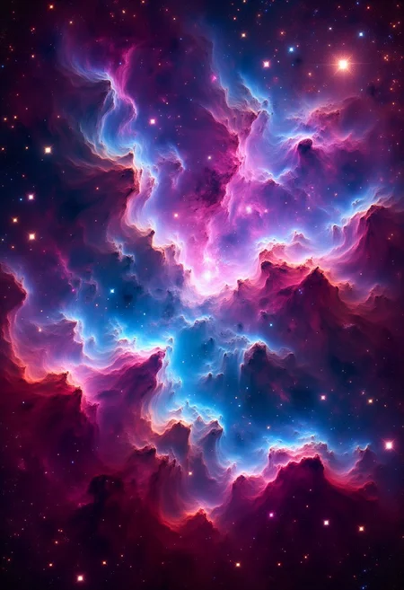 Create a breathtaking, ultra-detailed image of a vibrant nebula in the depths of interstellar space. The scene features swirling clouds of gas in electrifying hues of violet, cerulean, and crimson, illuminated by the radiant glow of newborn stars. Delicate tendrils of cosmic dust stretch across the void, sparkling with stardust and ionized particles. In the distance, shimmering star clusters and distant galaxies add depth to the infinite cosmos. Include dynamic lighting with ethereal rays piercing through the nebula’s folds, and subtle hints of a star-forming region glowing with golden-orange energy. Render the scene in hyper-realistic 8K resolution, with a sense of awe-inspiring scale and otherworldly beauty