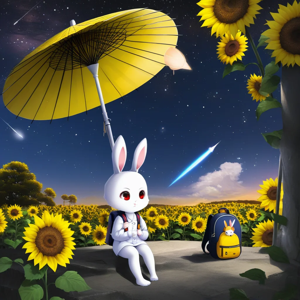 no shoes, rabbit ears, sitting, red eyes, shooting star, tree, sunflower, backpack, oil-paper umbrella
