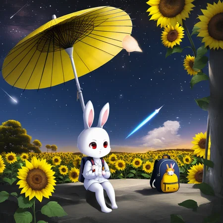 no shoes, rabbit ears, sitting, red eyes, shooting star, tree, sunflower, backpack, oil-paper umbrella