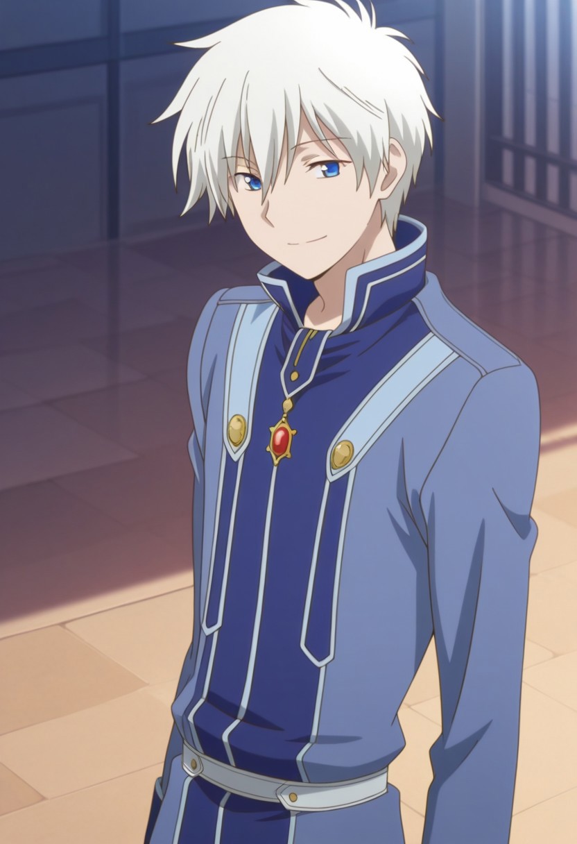 masterpiece,best quality,amazing quality, source_anime, 
ZenWistaria, 1boy, male focus, solo, blue eyes, white hair, jacket, blue jacket, high collar, smile,