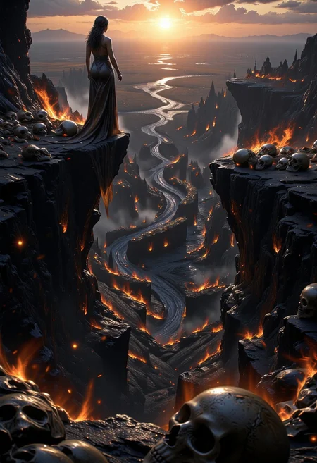 a woman stands on a cliff. back visible. She wears a long elf-like dress. long wavy hair. She looks down the cliff into the valley. The Taal is littered with skeletons of skulls. lots of skulls. so many skulls that they are piled on top of each other. sunset. bare landscape. dry landscape. stones and sand. dark atmosphere, view from above, view from behind, (((focus on woman)))
dream-concept, DreamArt, anhei, hkmagic
