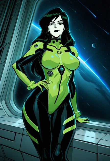 masterpiece, best quality, amazing quality, hyper-Detailed, high resolution, 1girl,  solo, sexy, 5parr0w5tyl3, cartoon, shego, wide hips, space pilot, plugsuit, on space station, observation window showing stars, one hand on hip