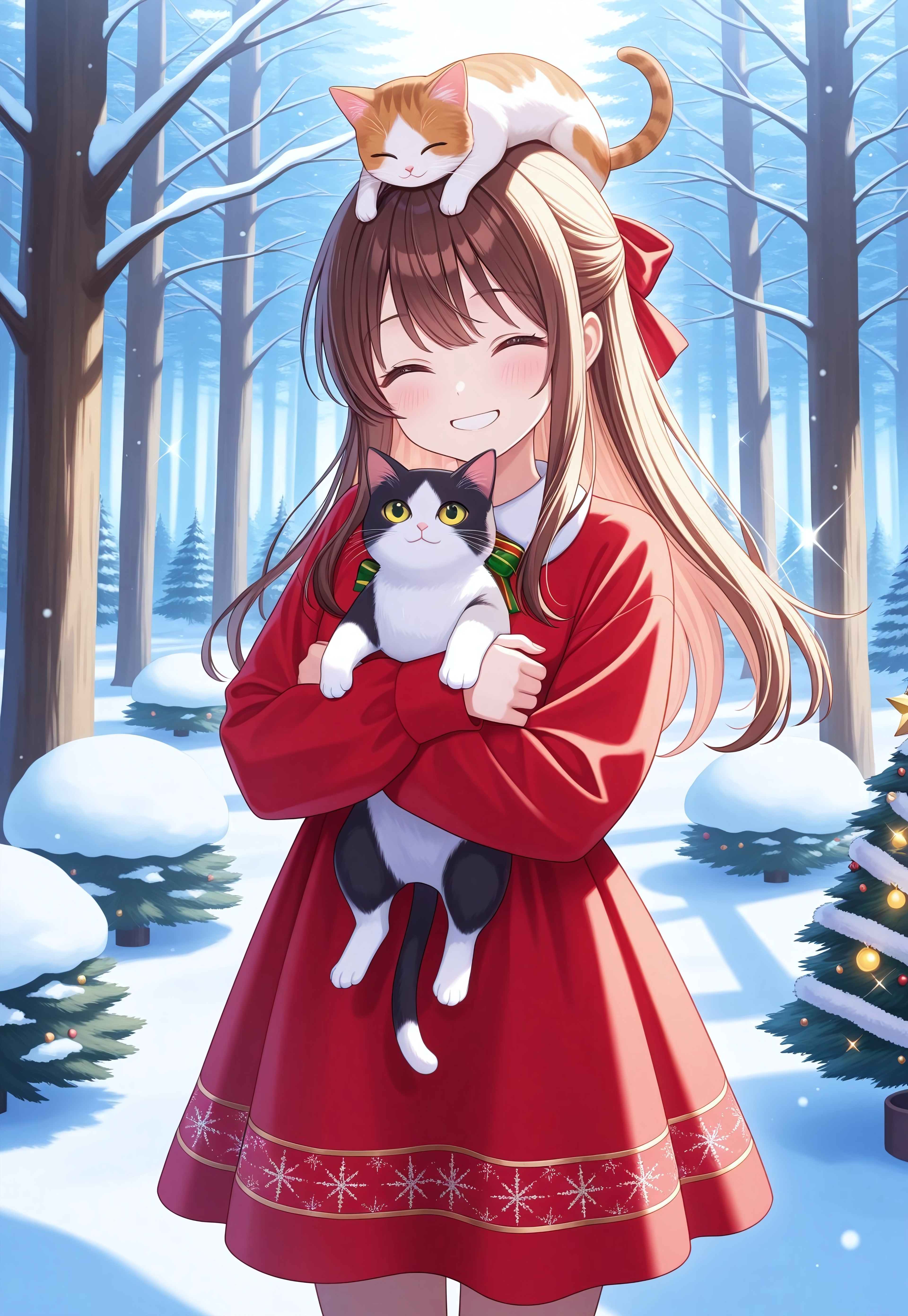 1girl, sidelocks, half updo, long hair, Christmas dress, masterpiece, best quality, absurdres, cute, kawaii, glowing, 
outdoors, nature, snow, forest, Christmas trees, sparkles, sparkling clothes,
standing, holding cat, hug, [cheek press], kitten, cat on head, happy, smile, closed eyes,
intricate, highly detailed, majestic