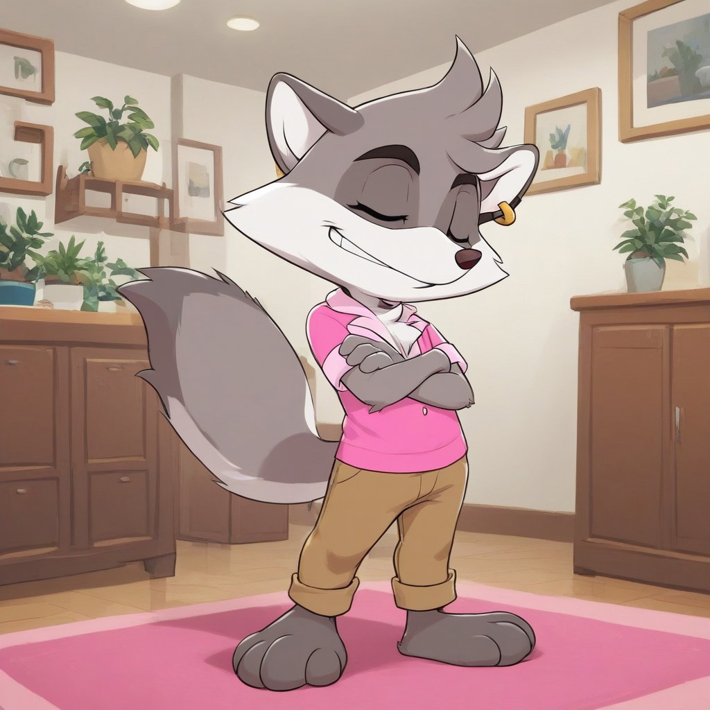 full body, indoors, Happy, smile, Arms Crossed, male focus, jewelry, Earring, furry, solo, Indoors