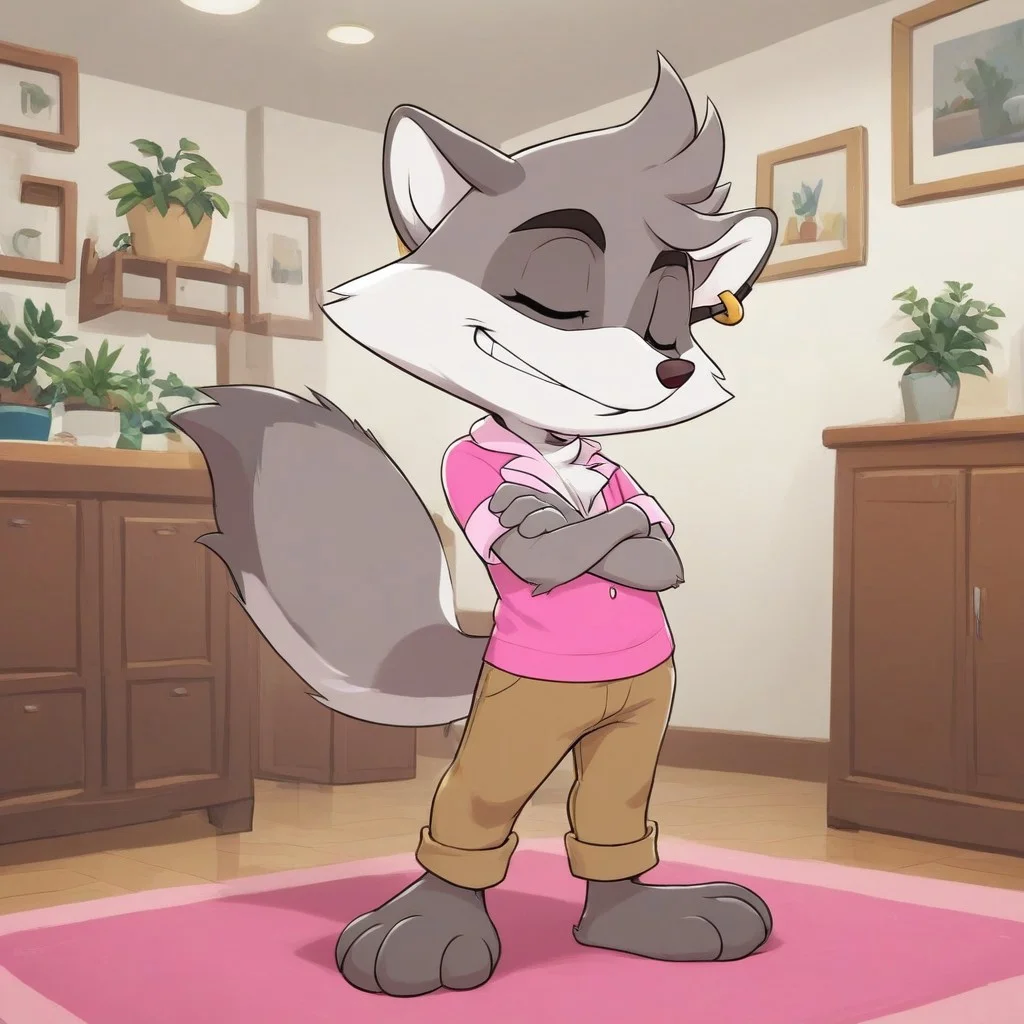 full body, indoors, Happy, smile, Arms Crossed, male focus, jewelry, Earring, furry, solo, Indoors